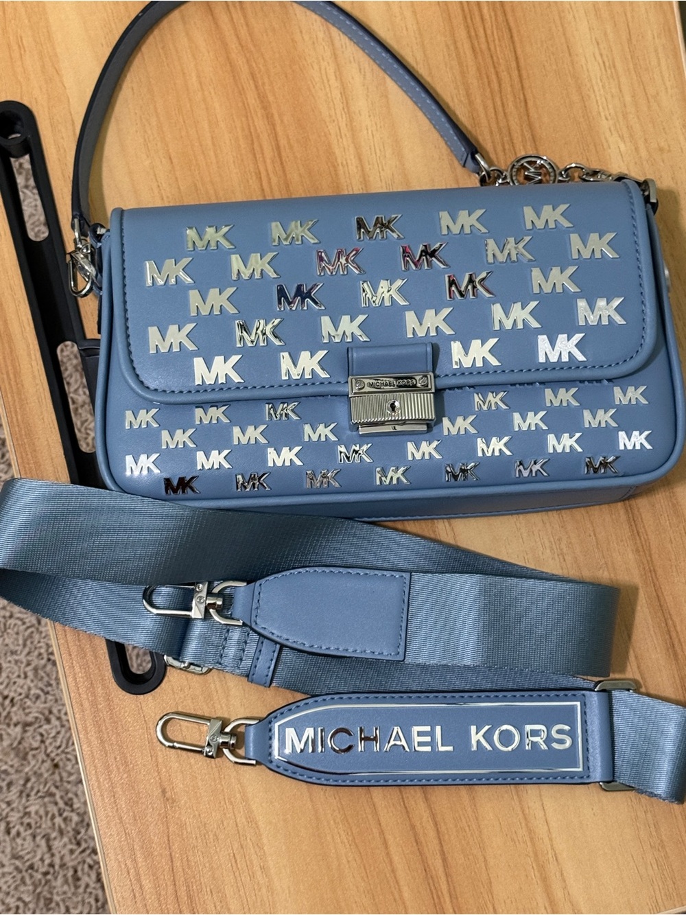 Michael Kors Dusty Blue MK Logo Shoulder Bag with Branded Strap